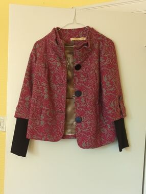 Pink Patterned Short Blazer Jacket with Button Front